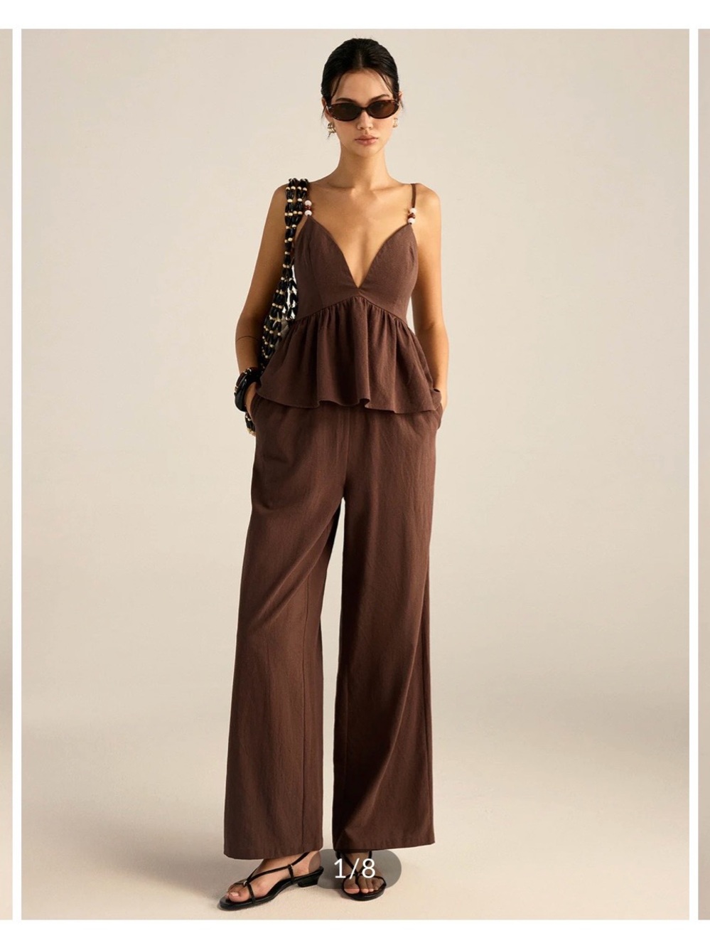 Wide-Leg Brown Sleeveless Jumpsuit with Peplum Bodice